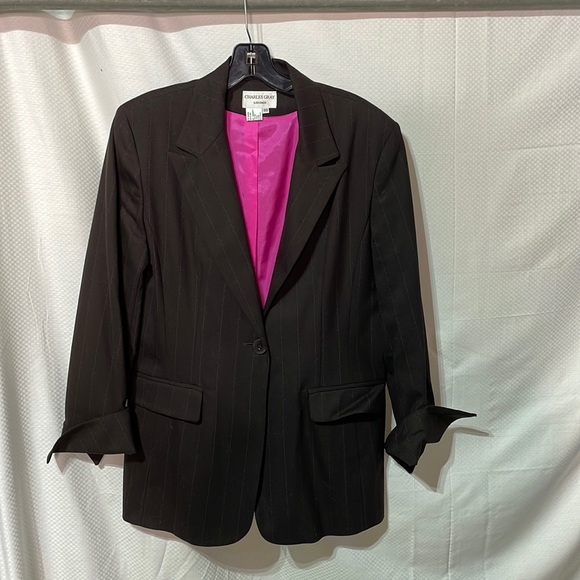 Charles Gray 10 brown pink wool blend 1 button longer style euc worn once - Picture 1 of 11